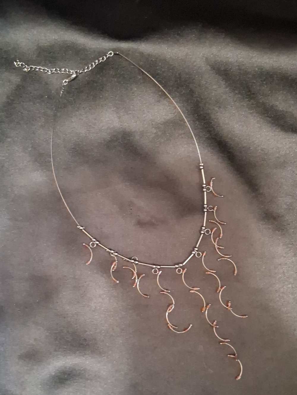 Asymetrical Silver Tone Beaded Necklace - Brown Crescent